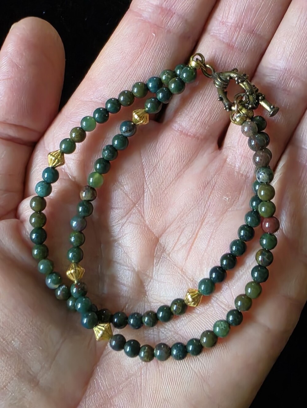 Double Strand Green Jemstones With Gold Accents Hand crafted Bracelet